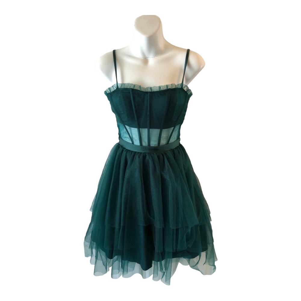 City triangles emerald Tulle, Ruffle, Tiered, Short Mini Dress, Sheer Bodice